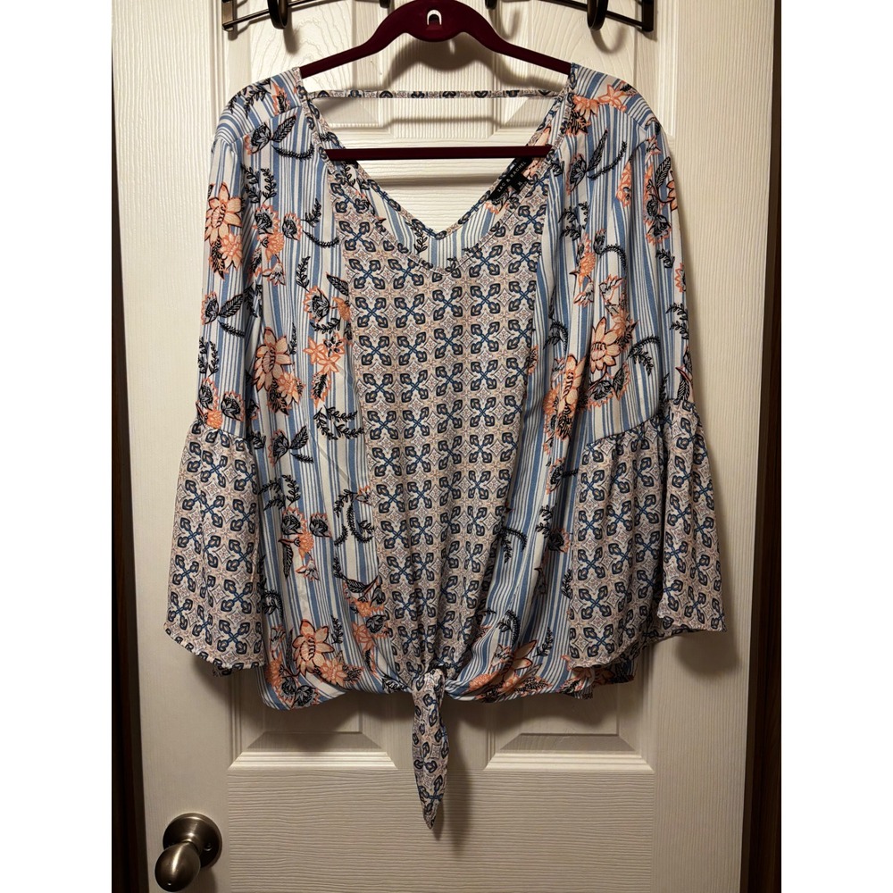 Zac & Rachel Blue Floral Stripe Mixed Print Bell Sleeve Tie Front Blouse XL